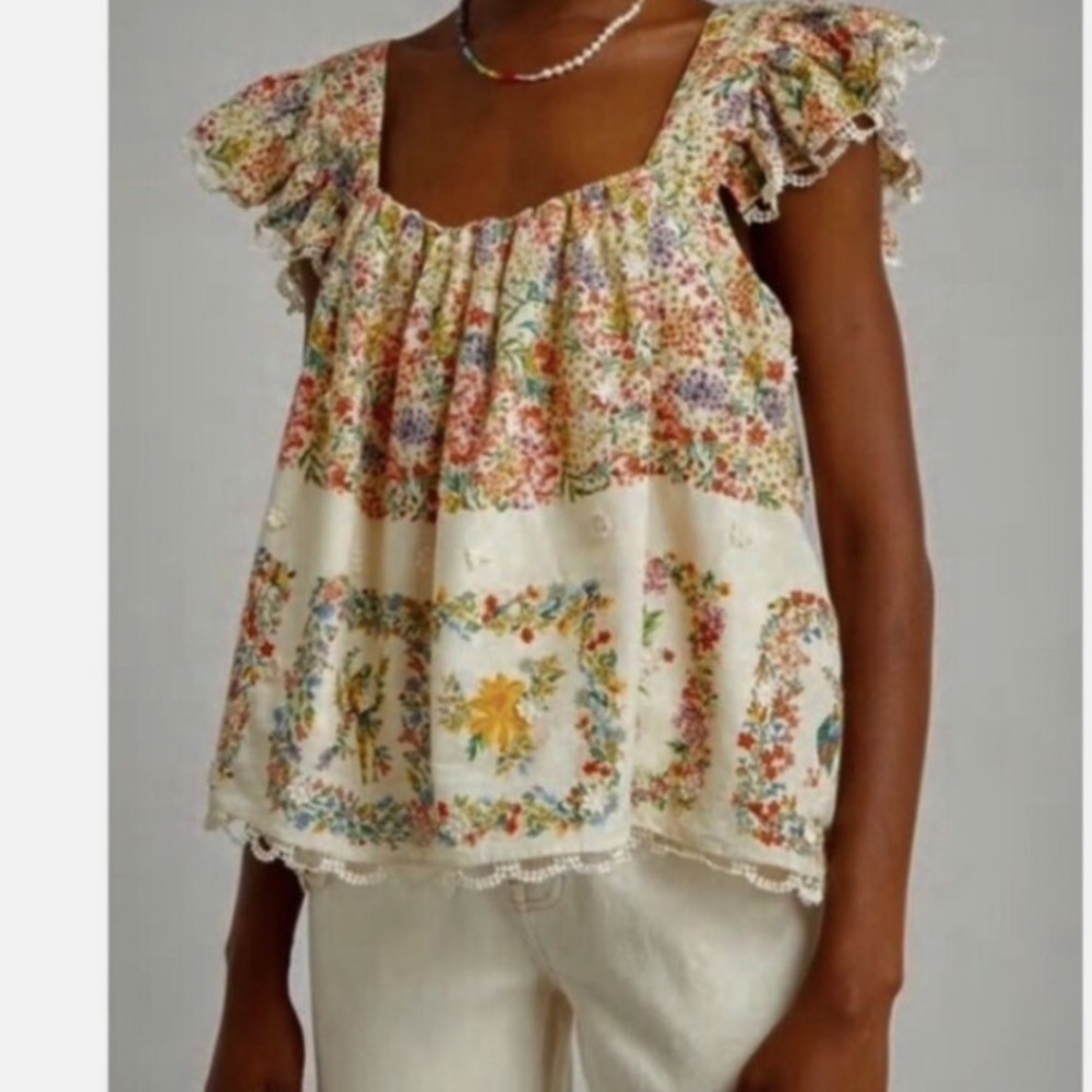 NWT Farm Rio Women's Floral Embroidered Blouse Square Neck Size M Multicolor